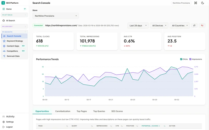 Search Console pulled every six hours: 203,783 rows of clicks, impressions and position
