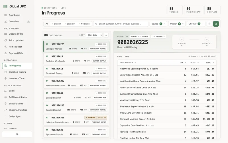 Live picking and packing across four back-office databases, line items and scan timeline included