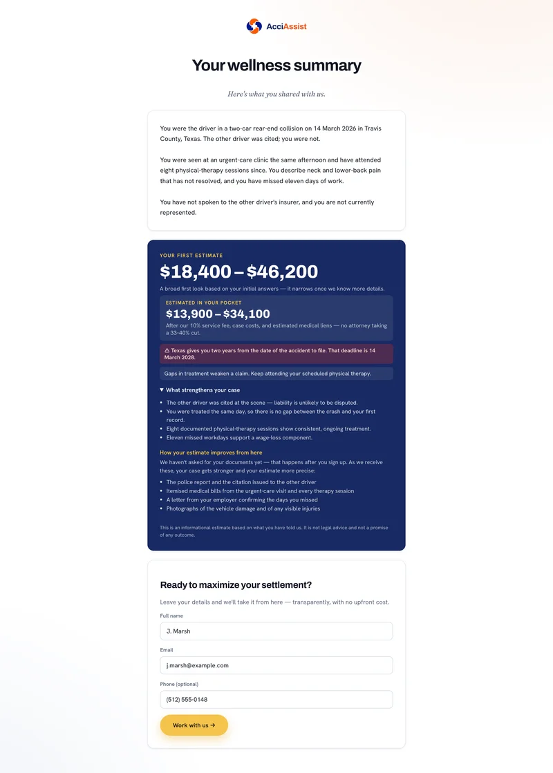 The range, what would actually reach the client's pocket, the deadline that matters, and what would improve the number