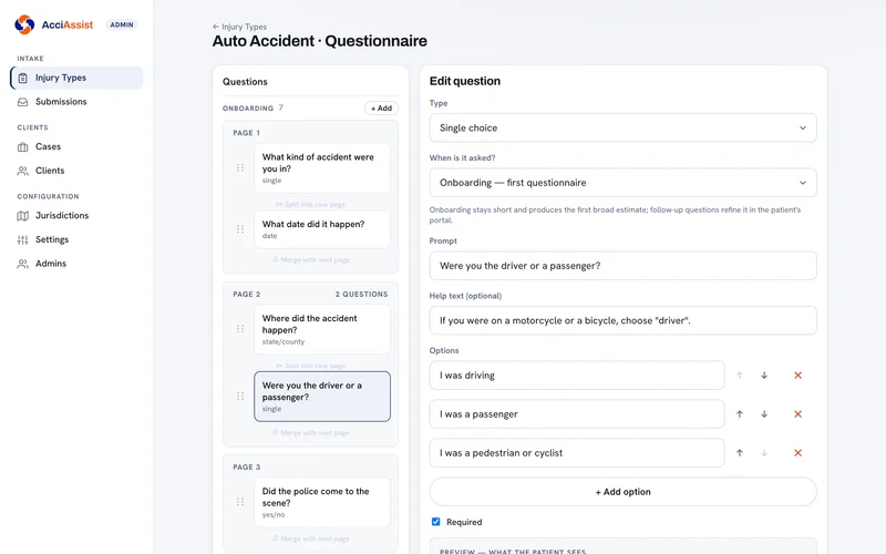 The firm rewrites its own intake — drag to reorder, split into pages, preview what the client sees