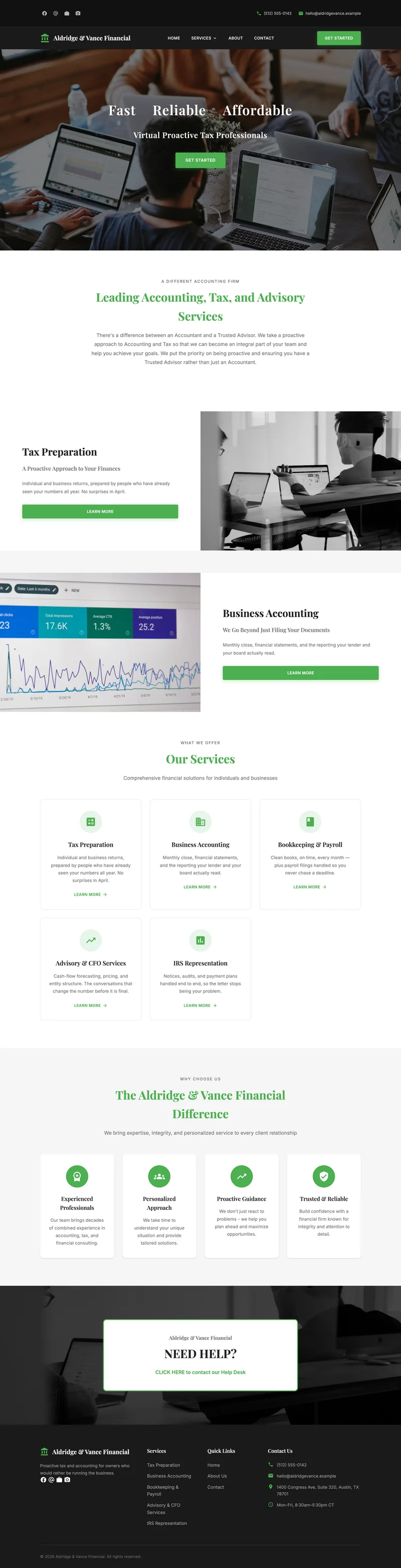 The whole homepage: services, differentiators, contact — all of it owner-editable