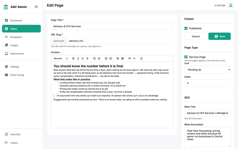 The owner rewrites a service page in a rich-text editor, with SEO fields and publish state beside it