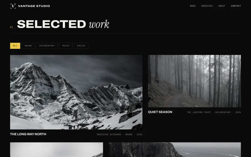 Filterable project grid, posters and captions managed from the same admin