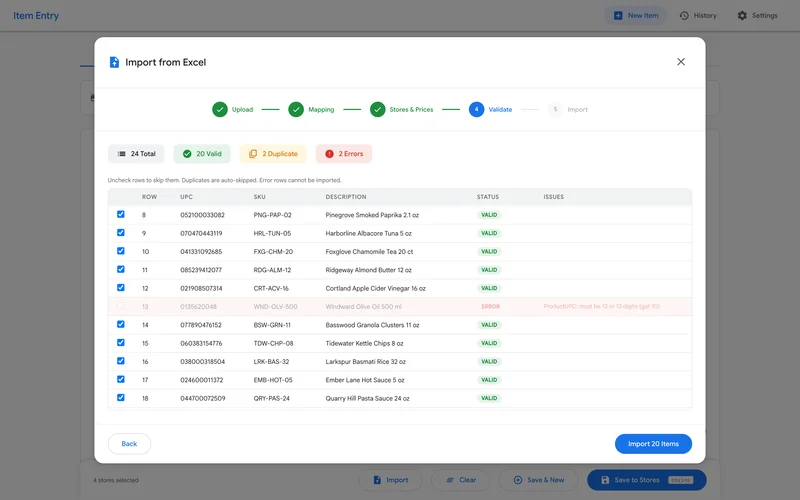 Every row checked before import — duplicates auto-skipped, malformed UPCs flagged with the reason.