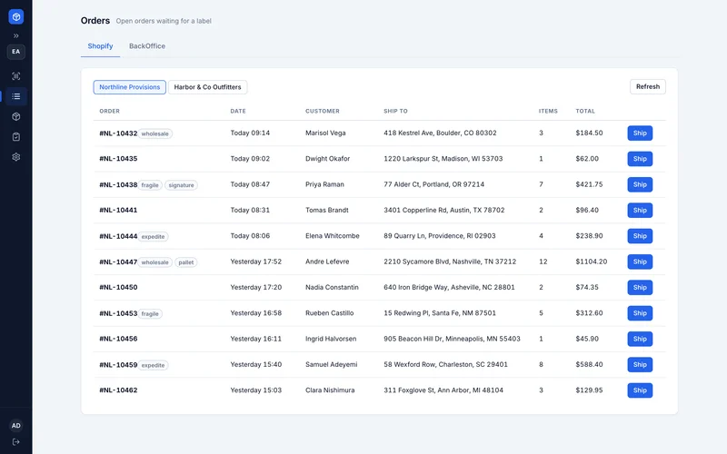 Unfulfilled Shopify orders from every storefront in one queue, one click from a label