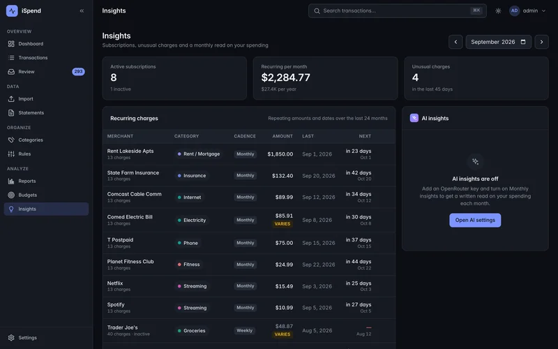 Every subscription and recurring charge found automatically, with the next expected date