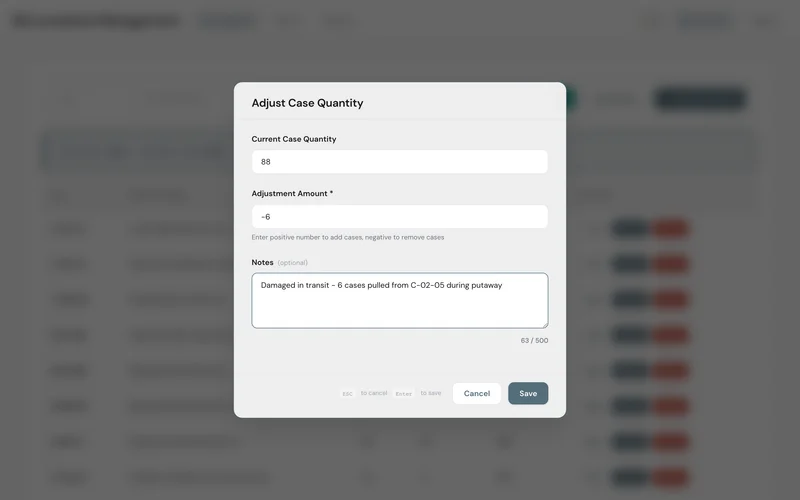 Adjust a bin in two keystrokes — with a reason recorded against the change.