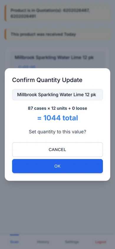 Cycle counting on a phone: cases times pack size, with open orders and receipts shown before the count commits.
